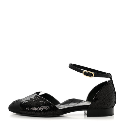 Chanel Sequin Grosgrain CC Cap Toe Ankle Flat 35.5 Black 1 of 11