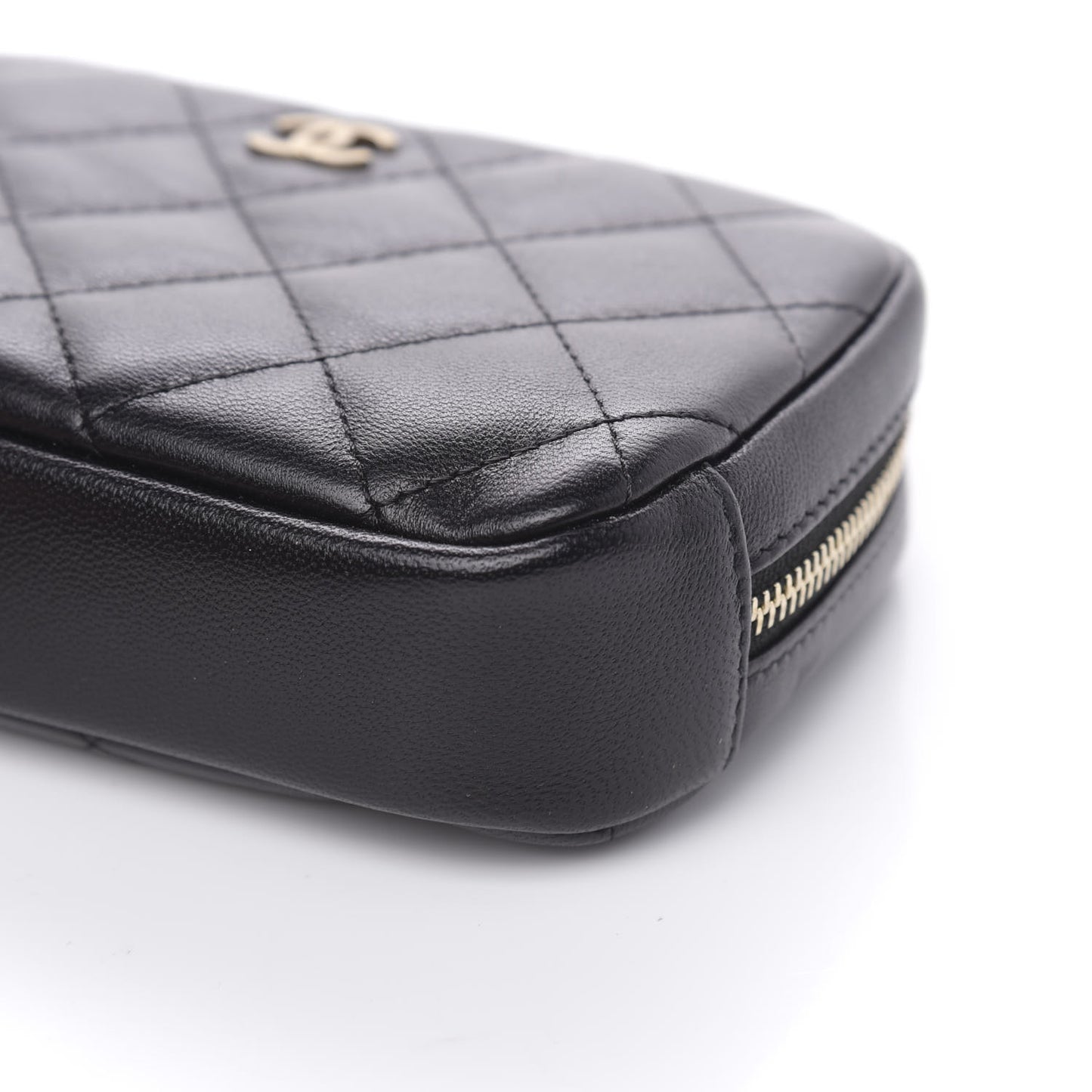 Lambskin Quilted Small Curvy Pouch Cosmetic Case Black