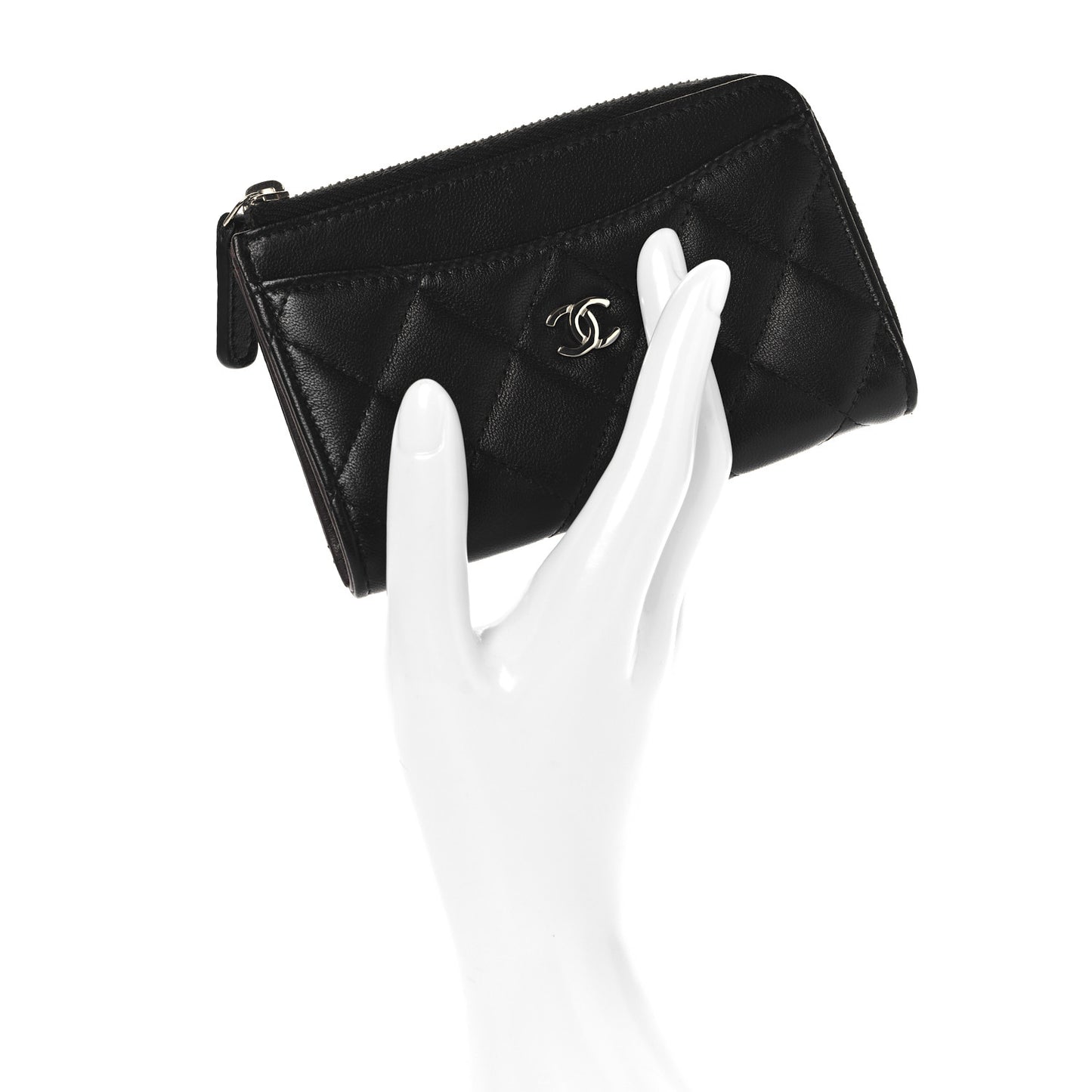 Lambskin Quilted Zip Card Holder Black