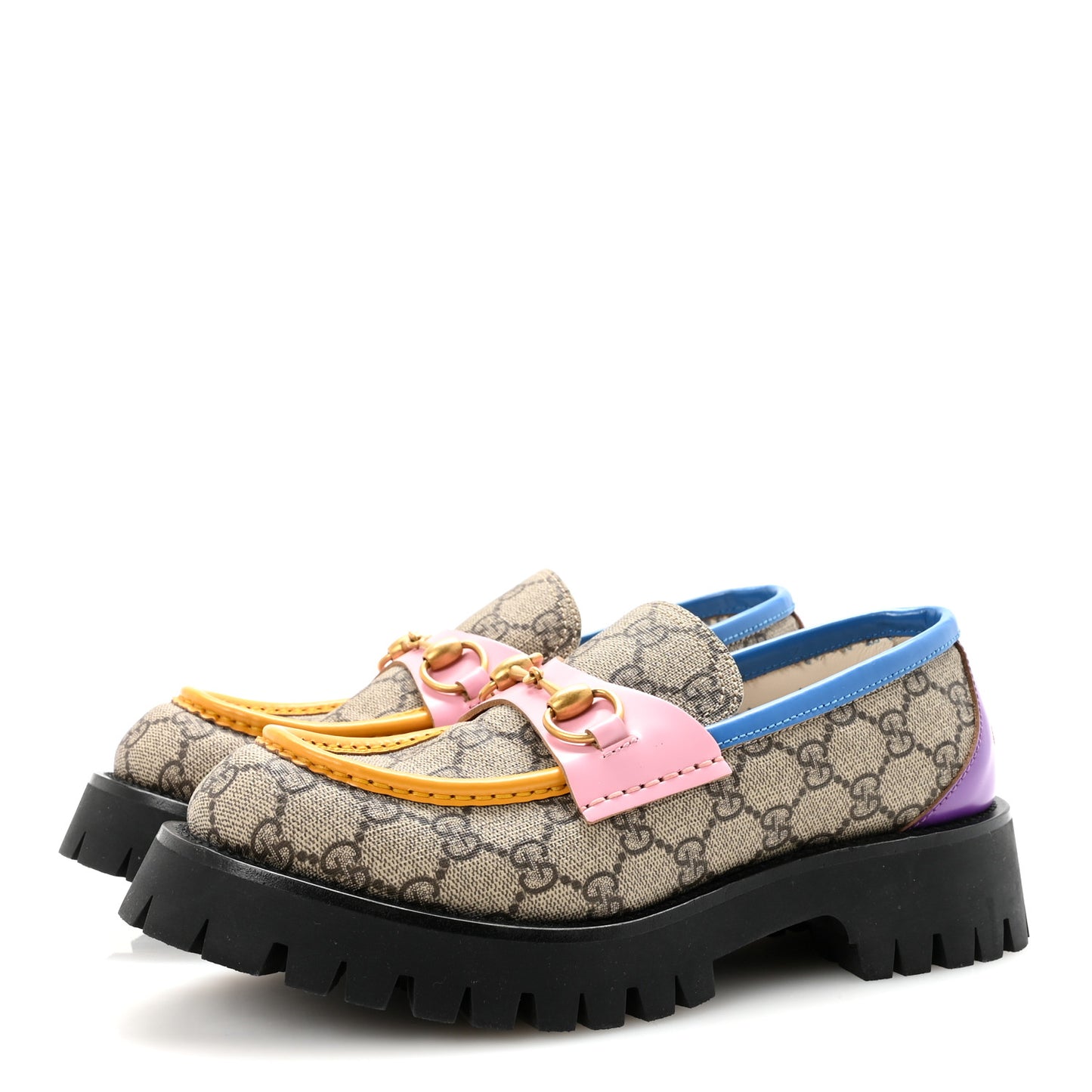 GG Supreme Monogram Cordovan Lux Womens Harald Horsebit 25mm Platform Loafers 39 Beige Sugar Pink Crop Shine Purple Marine