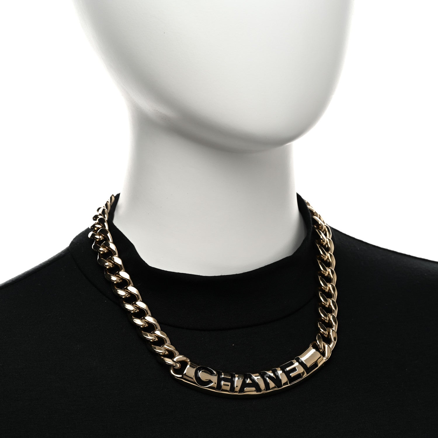 Chanel Enamel Chain Logo Choker Necklace Gold Black 2 of 5