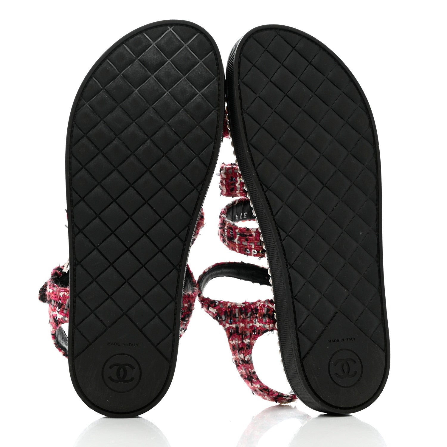 Chanel Tweed Pearl Flat Sandals 37.5 Red Black 5 of 10
