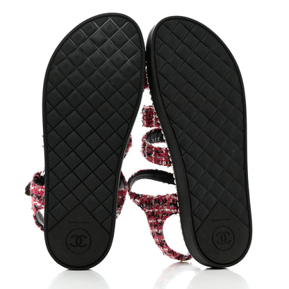 Chanel Tweed Pearl Flat Sandals 37.5 Red Black 5 of 10