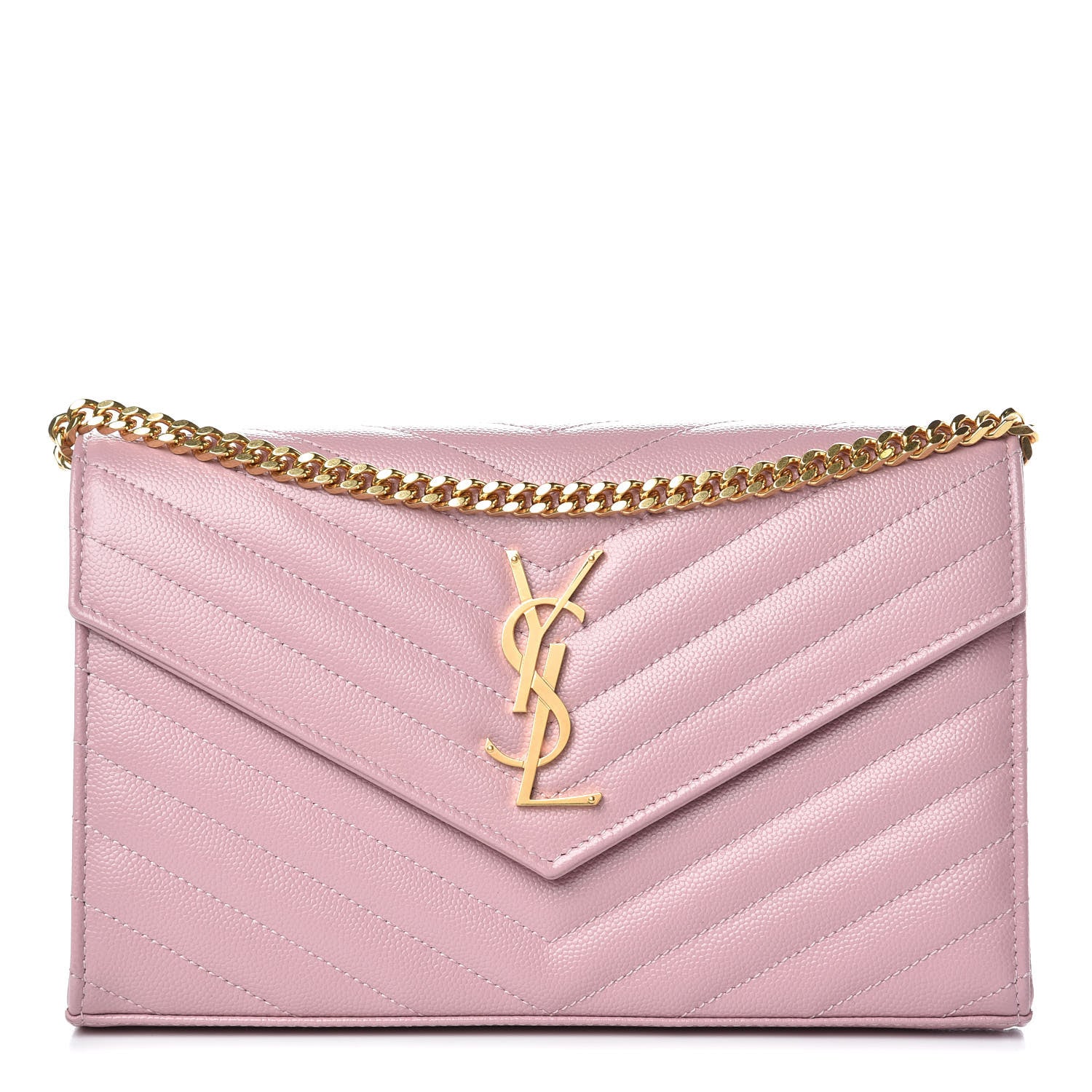 Saint Laurent Grain De Poudre Matelasse Chevron Monogram Chain Wallet Pink 1 of 8
