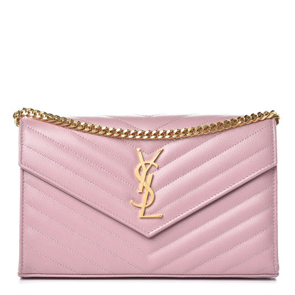 Saint Laurent Grain De Poudre Matelasse Chevron Monogram Chain Wallet Pink 1 of 8