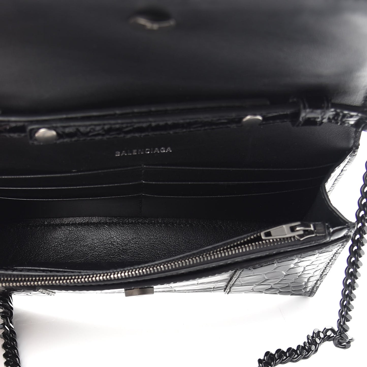 Shiny Calfskin Monochrome Crocodile Embossed Hourglass Chain Bag Black