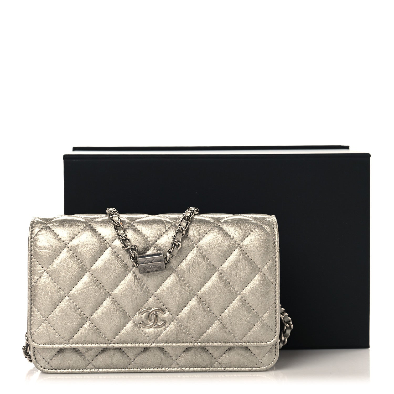 Chanel Metallic Crumpled Calfskin Quilted Flap Charm Wallet On Chain WOC Silver 12 of 12