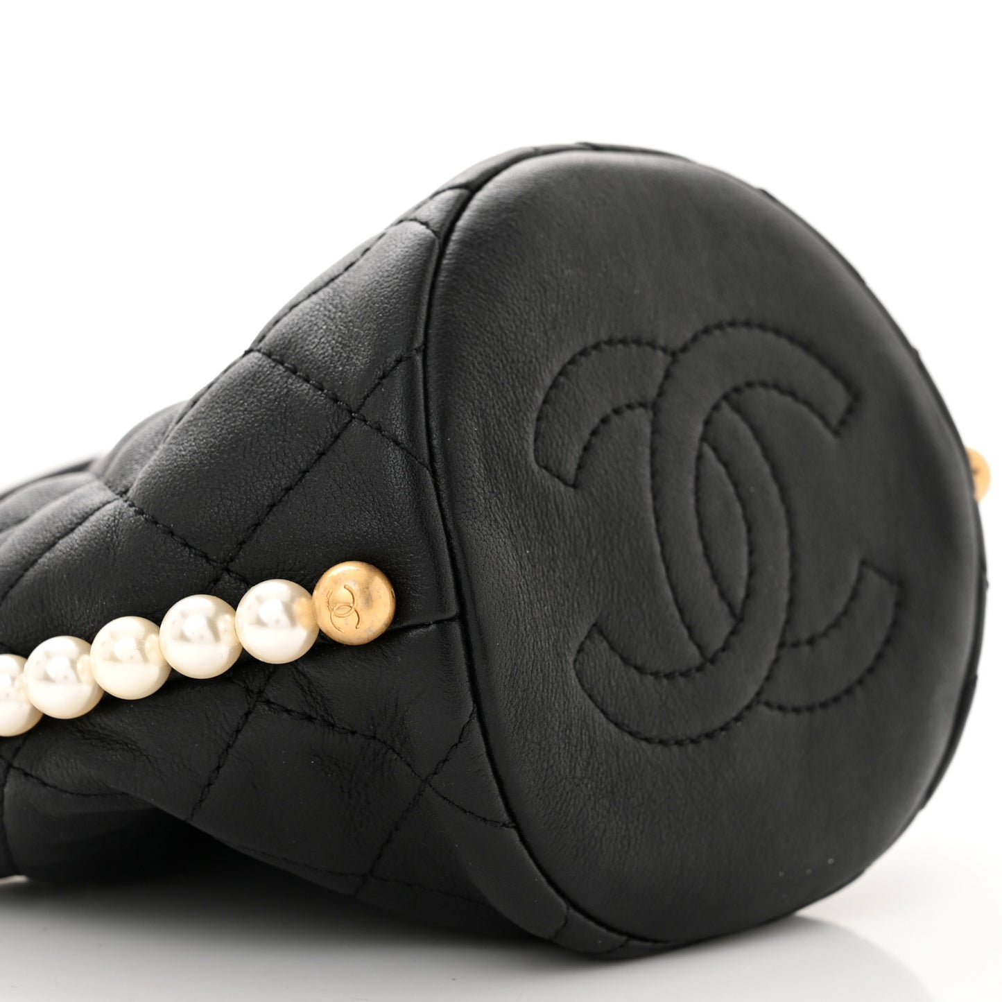 Calfskin Quilted Pearl Mini About Pearls Drawstring Bucket Bag Black