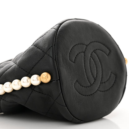 Chanel Calfskin Quilted Pearl Mini About Pearls Drawstring Bucket Bag Black 9 of 10