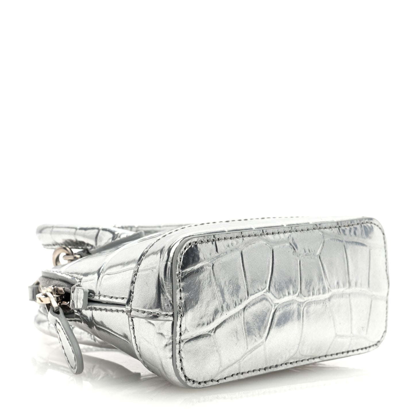 Metallic Calfskin Logo Crocodile Embossed Mini Ville Top Handle Bag Silver Black