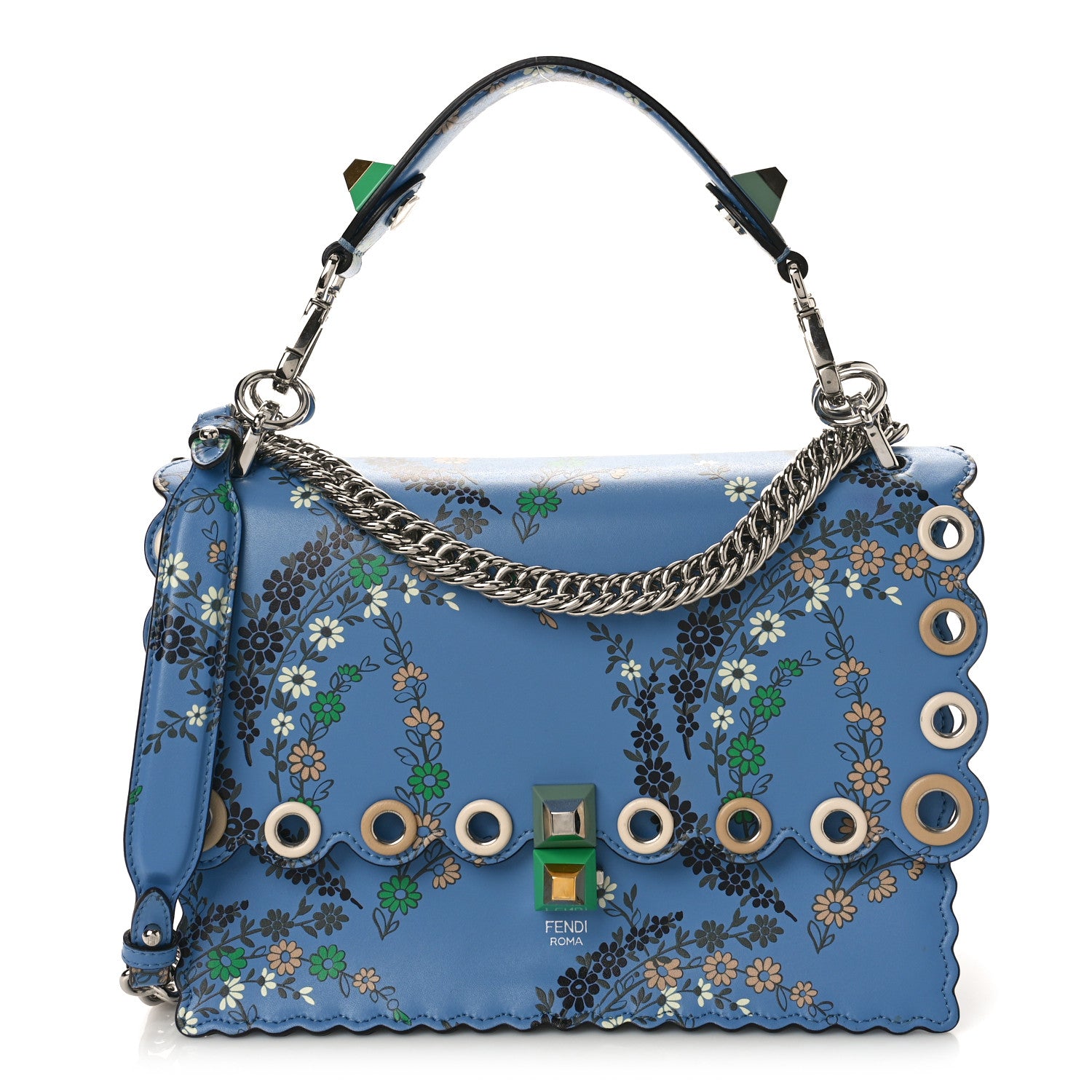 Fendi Vitello Liberty Japanese Blossom Scalloped Studded Grommet Kan I Shoulder Bag Nebula Multicolor 1 of 8