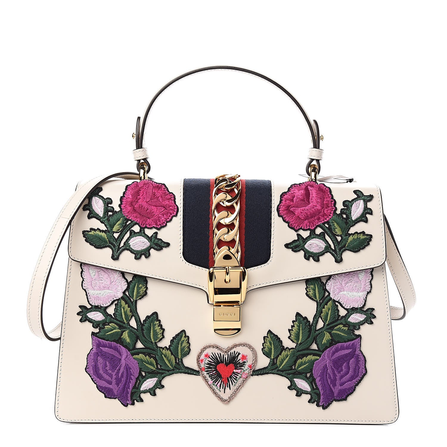 Gucci Calfskin Embroidered Medium Sylvie Top Handle Bag White 1 of 10