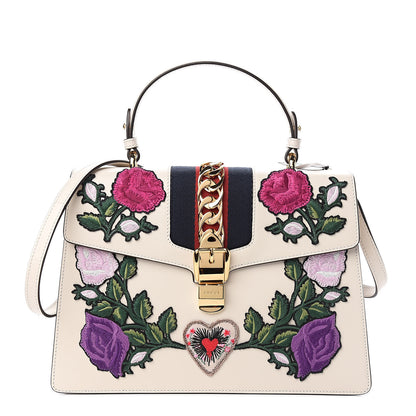 Gucci Calfskin Embroidered Medium Sylvie Top Handle Bag White 1 of 10
