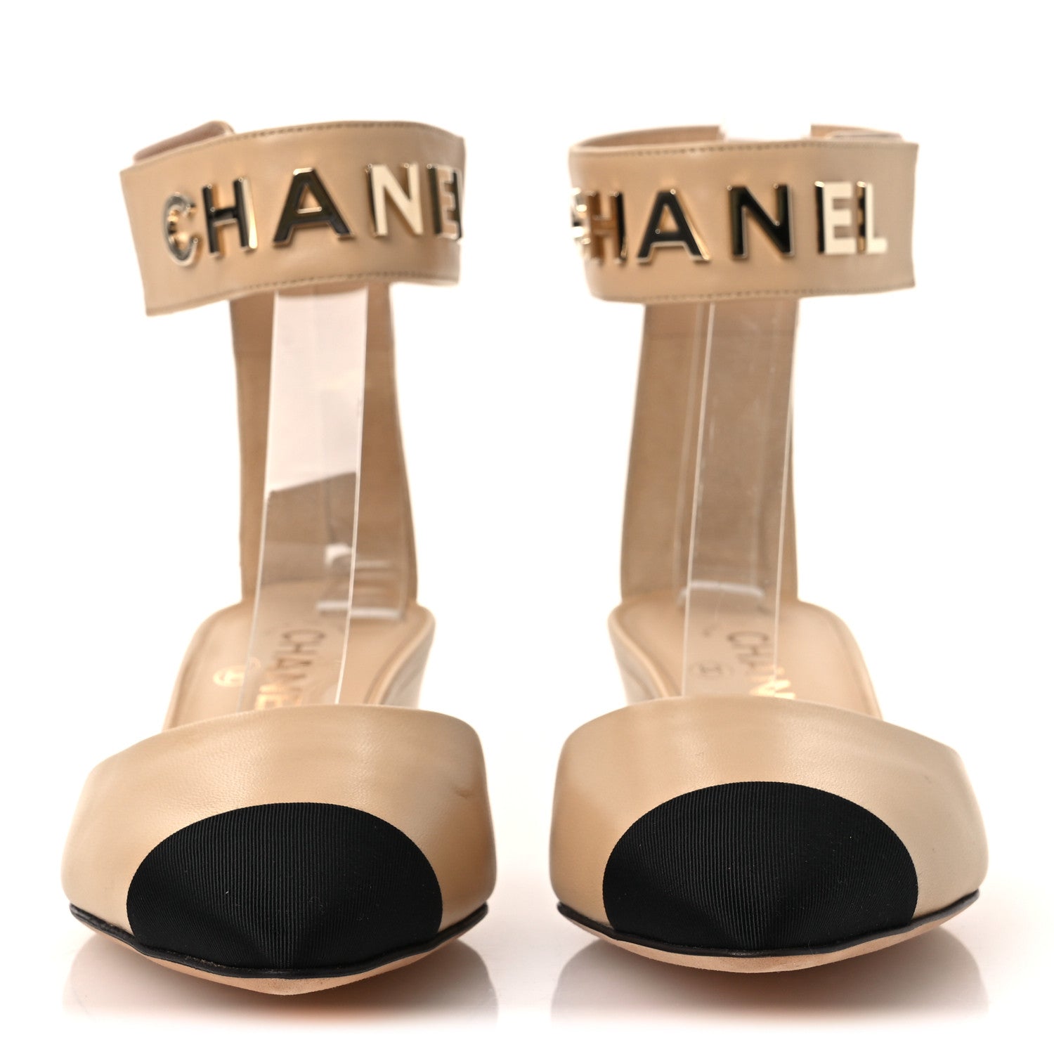 Chanel Lambskin Grosgrain Cap Toe Logo Ankle Strap Pumps 38 Beige Black 3 of 11