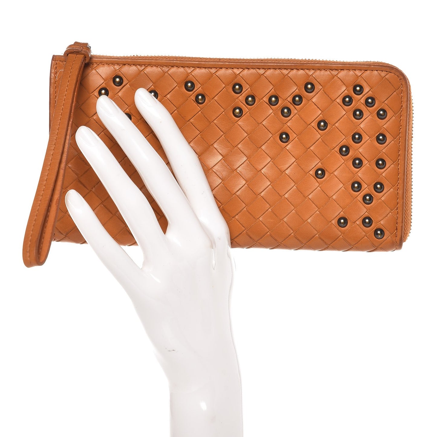 Waxed Calfskin Intrecciato Studded Wristlet Wallet Topaz