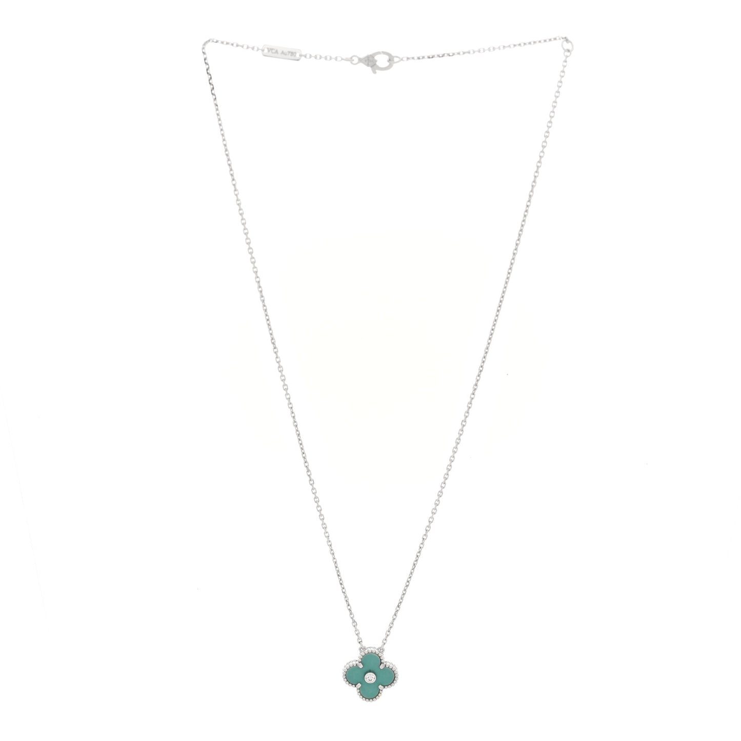 18K White Gold Diamond Celadon Green Sevres Porcelain Vintage Alhambra Pendant Necklace