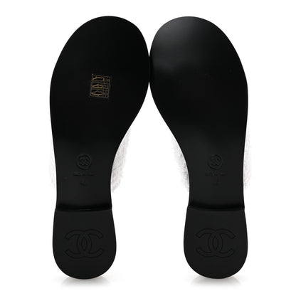 Chanel Cotton Tweed Fabric Lambskin CC Thong Sandal 40 White Gold Black 6 of 10