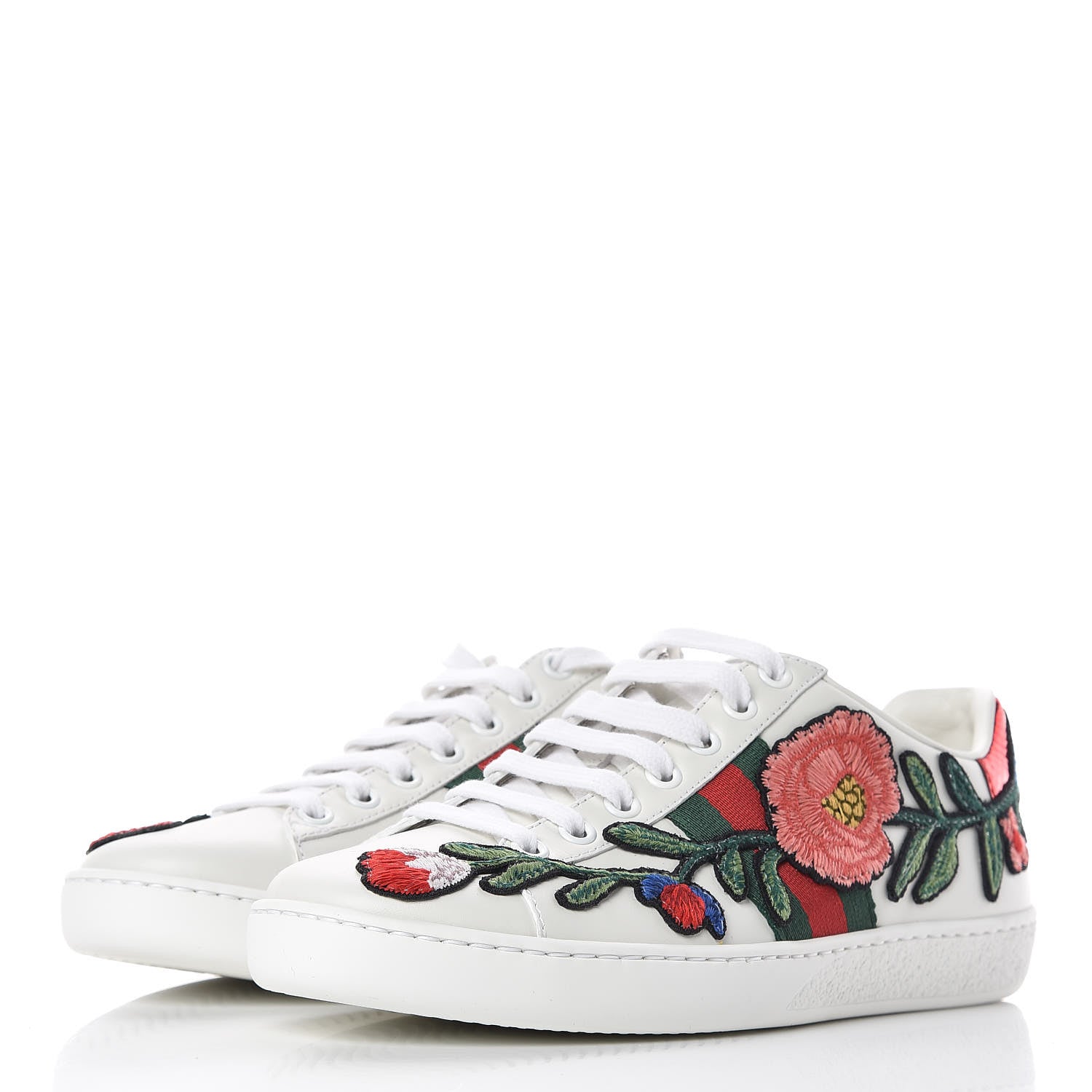 Gucci Calfskin Web Floral Embroidered Womens Ace Sneakers 35.5 White 3 of 8
