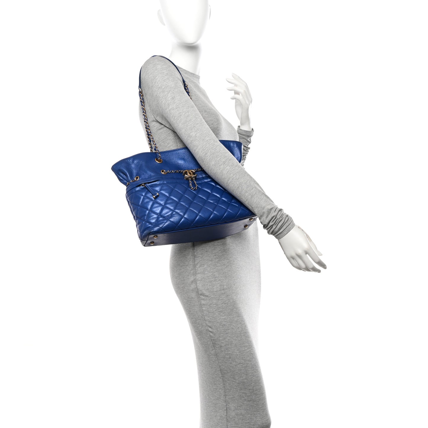 Calfskin Front Zip CC Drawstring Chain Drawstring Tote Blue
