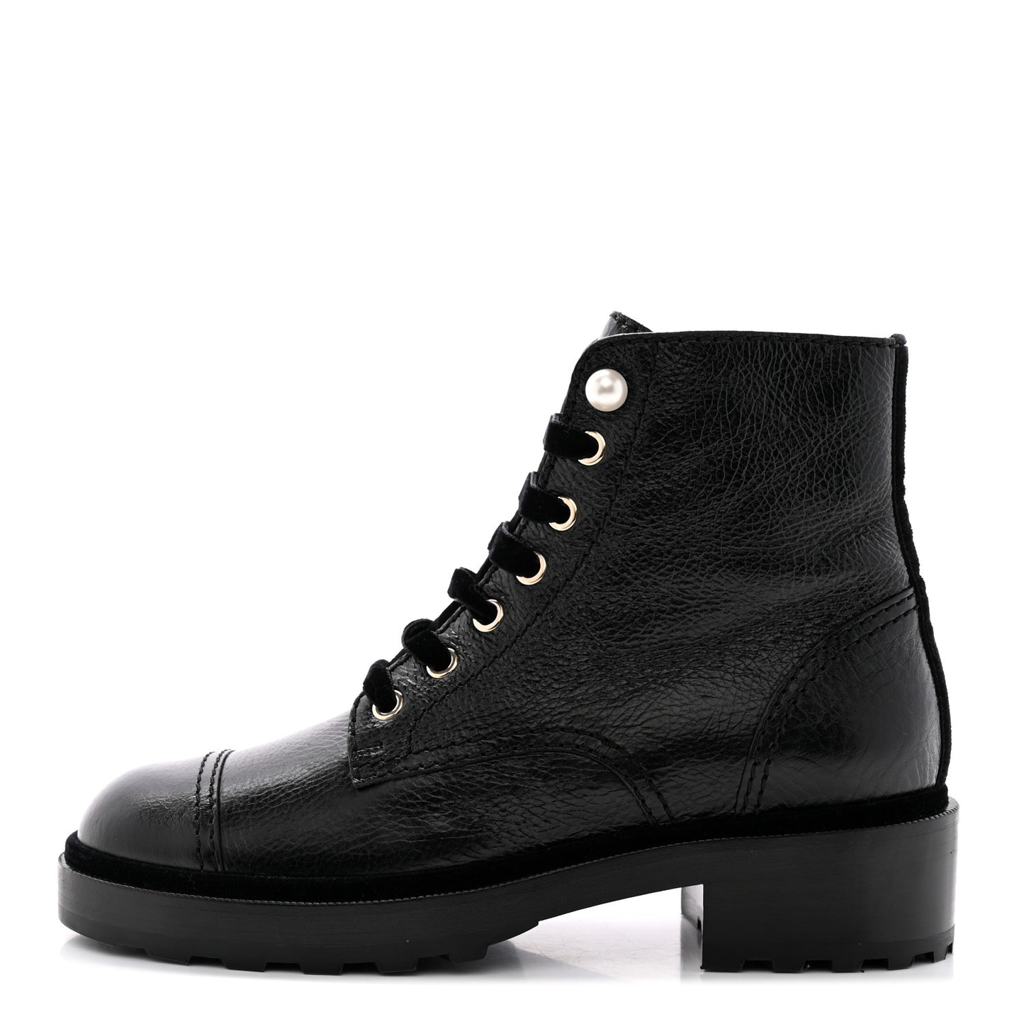 Shiny Calfskin Velvet Pearl Combat Short Boots 38 Black