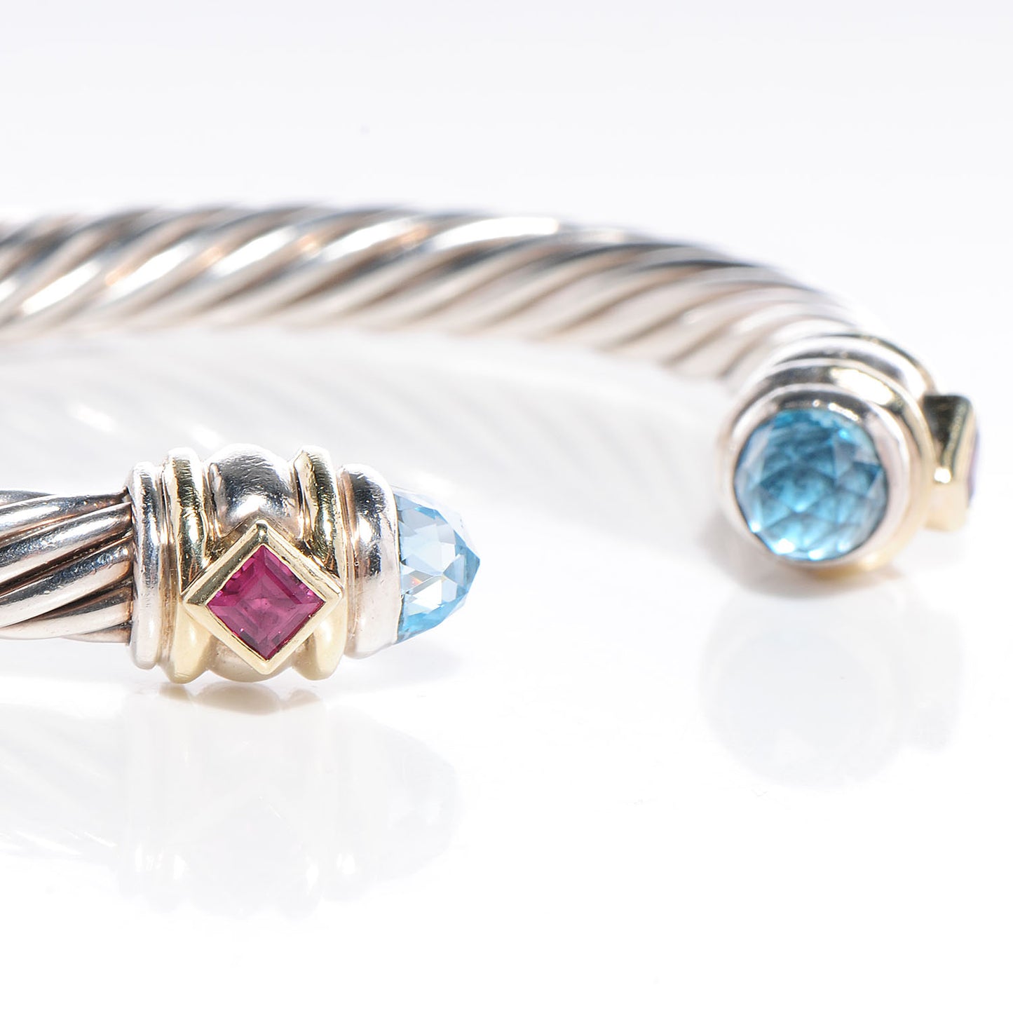 Sterling Silver 14K Yellow Gold 7mm Blue Topaz Pink Tourmaline Renaissance Cable Bracelet