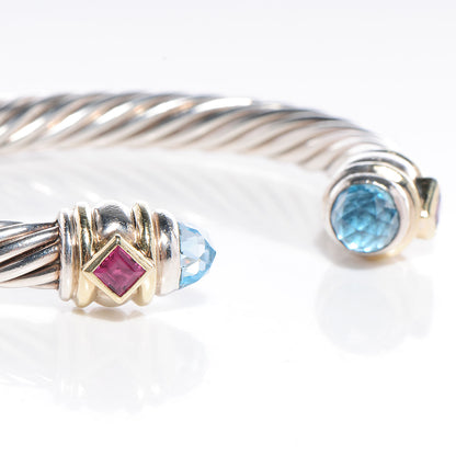 David Yurman Sterling Silver 14K Yellow Gold 7mm Blue Topaz Pink Tourmaline Renaissance Cable Bracelet 5 of 9