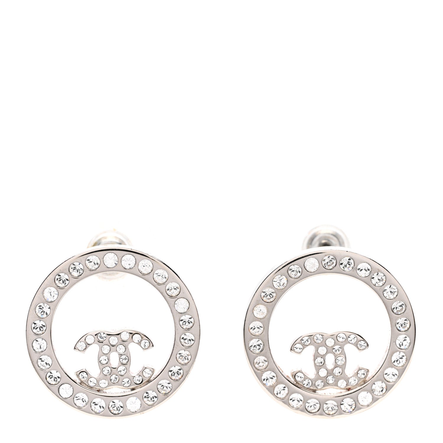 Chanel Crystal CC Round Earrings Silver 1 of 5