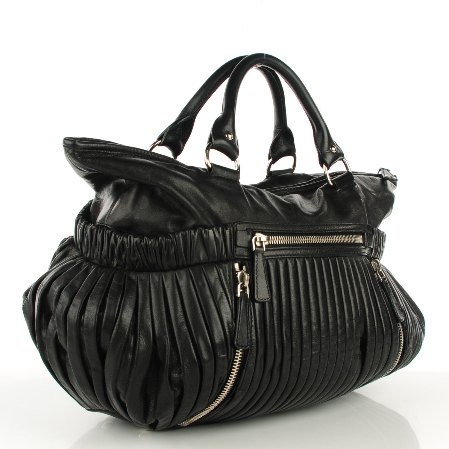 Miu Miu Nappa Plisse Zip Satchel Black 3 of 7