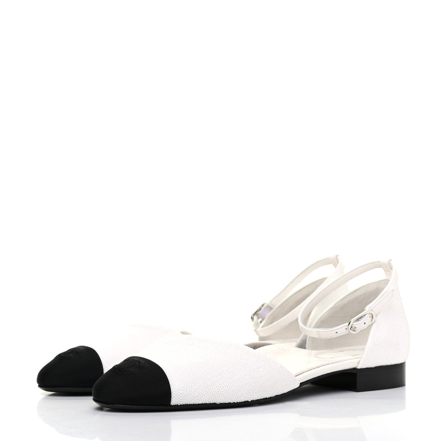Sequin Grosgrain Cap Toe CC Ankle Strap Sandals 42 White Black