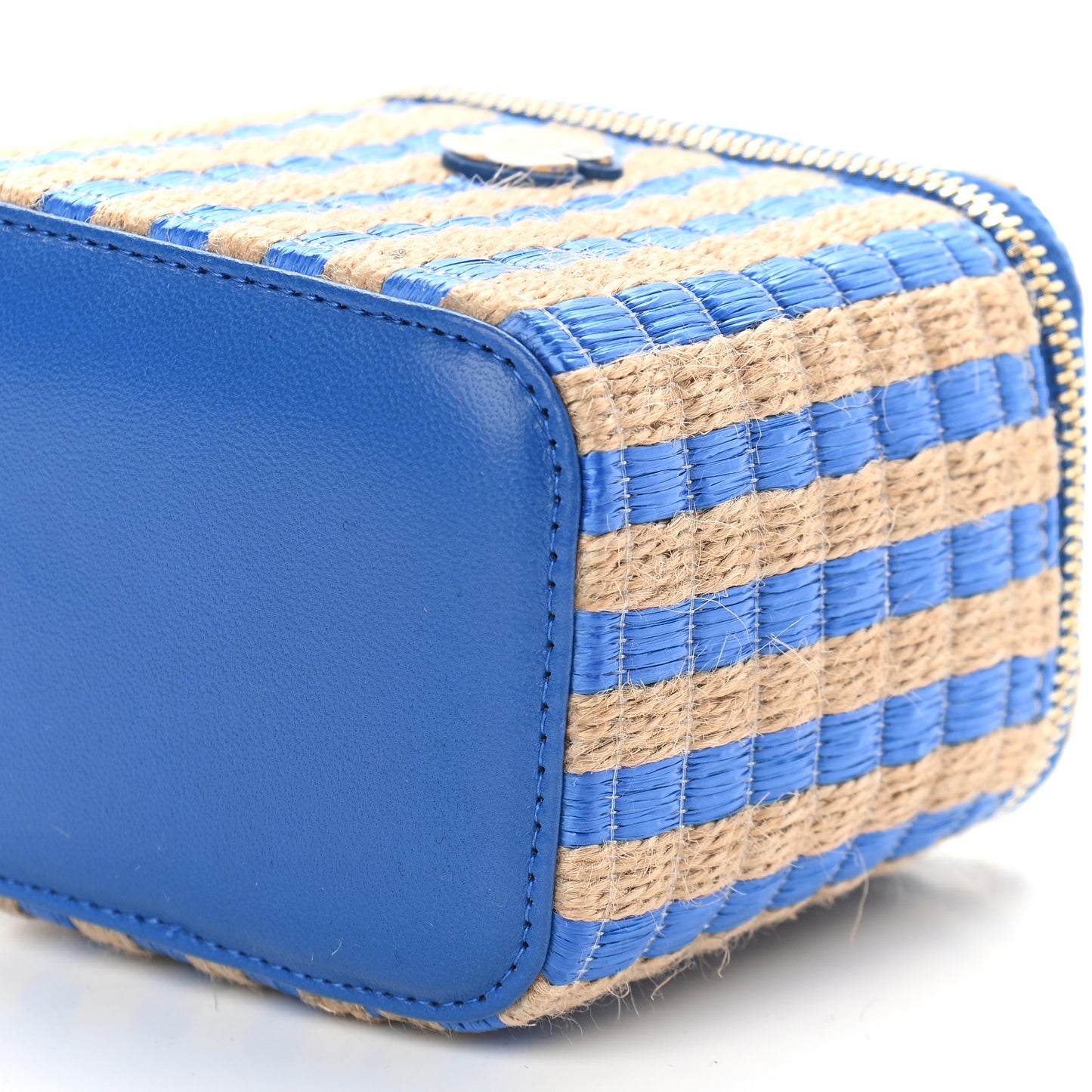 Raffia Jute Striped Mini Vanity Case With Chain Blue Beige