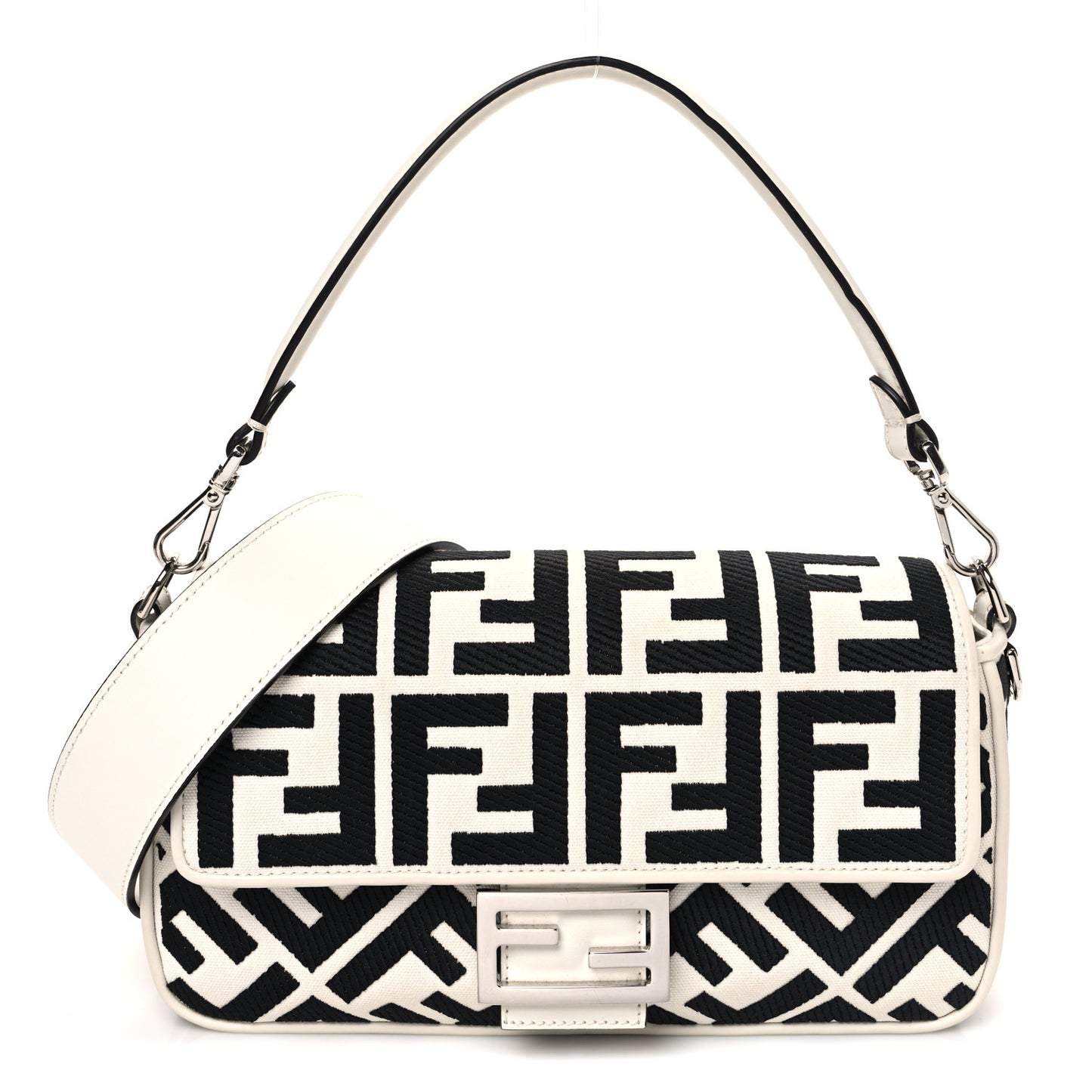 Canvas Vitello King FF Embroidered Baguette White Black