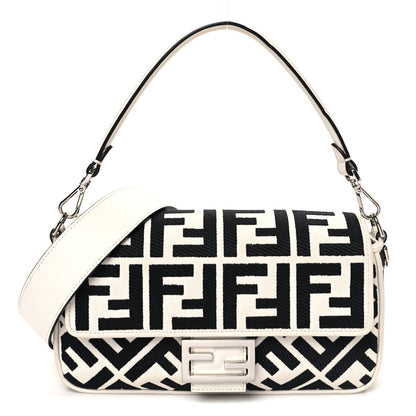 Fendi Canvas Vitello King FF Embroidered Baguette White Black 1 of 11