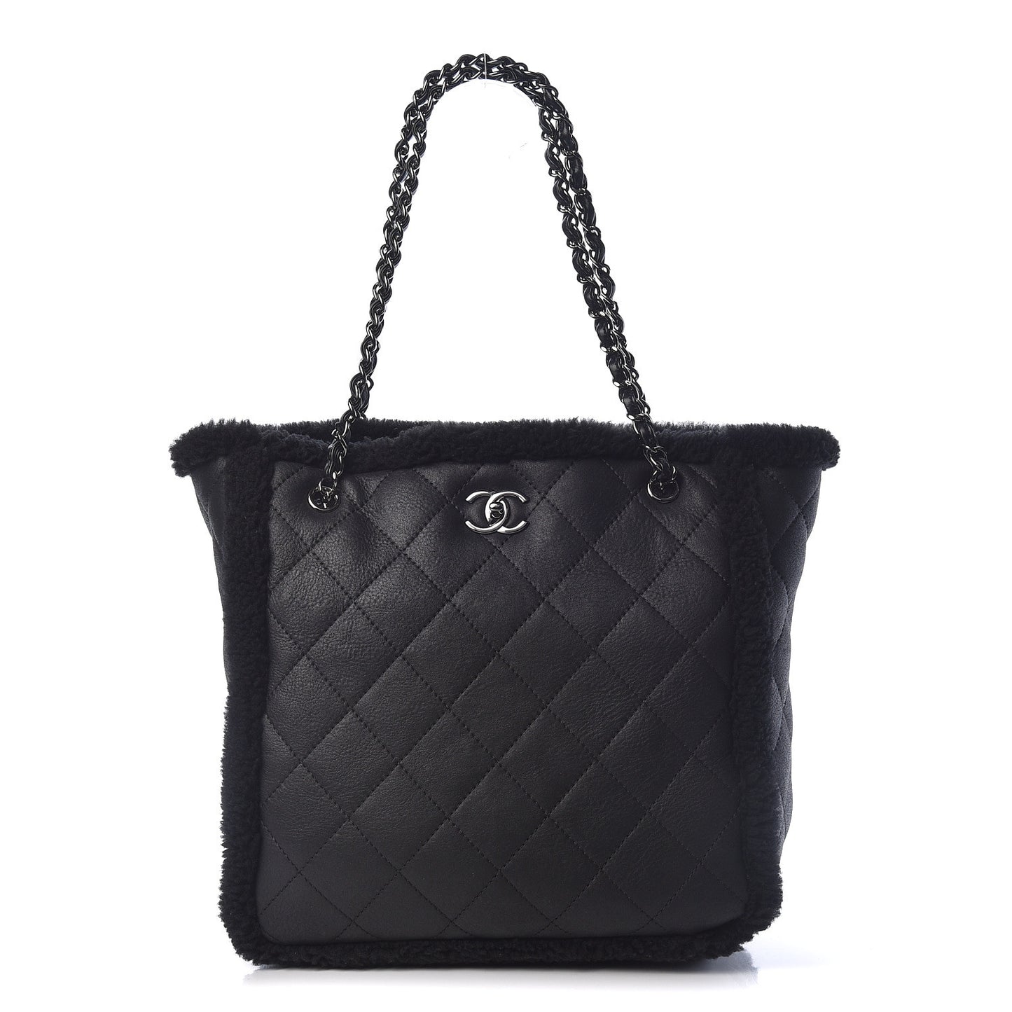 Lambskin Shearling Large Coco Neige Shopping Tote Black