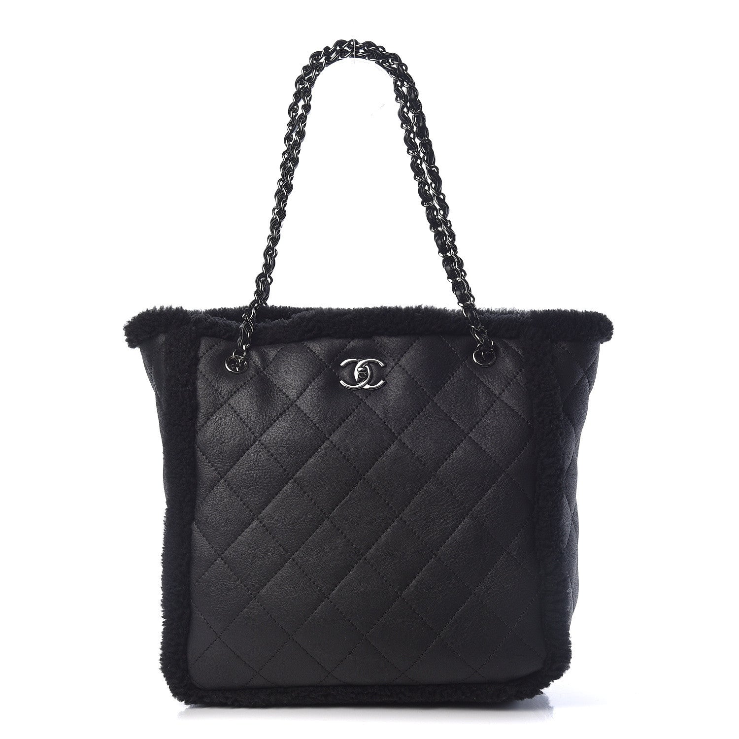 Chanel Lambskin Shearling Large Coco Neige Shopping Tote Black 1 of 9