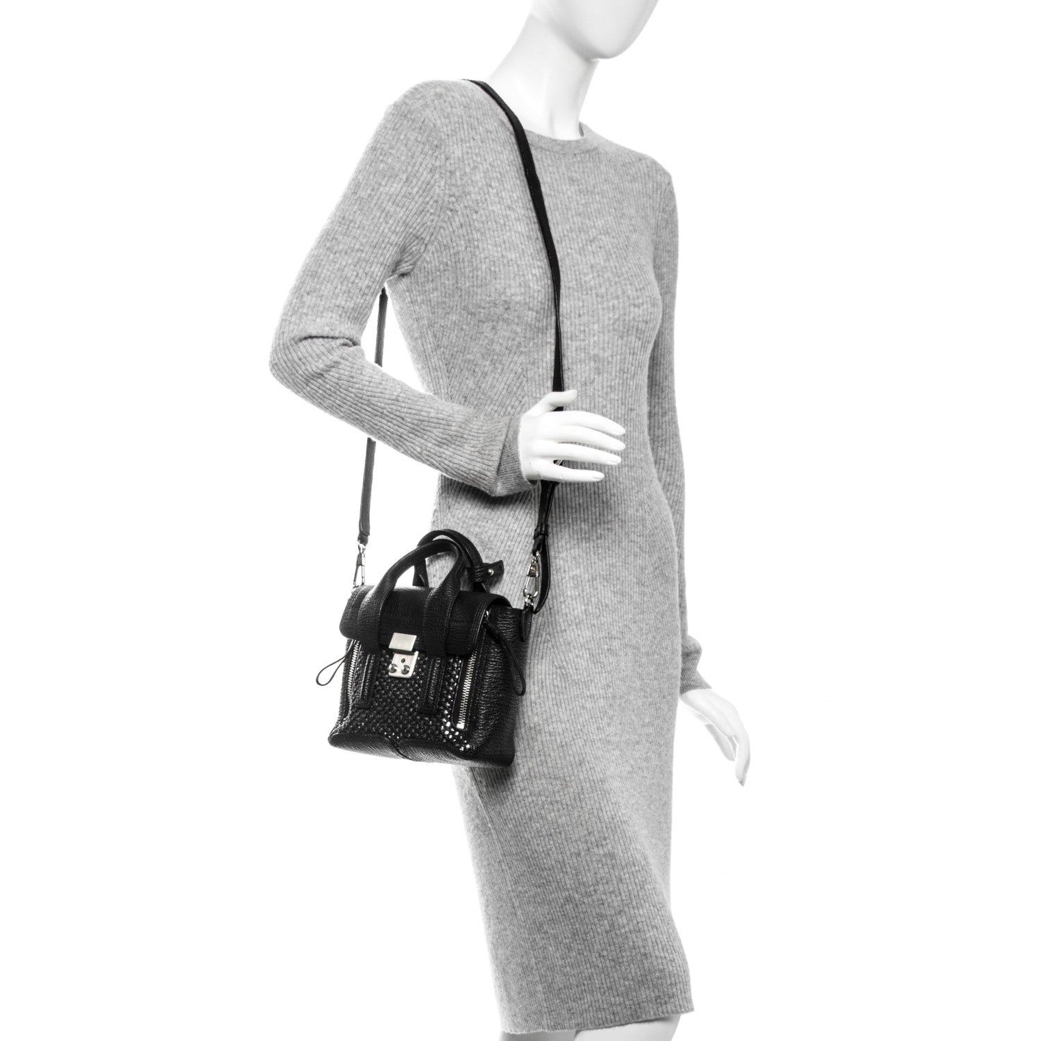 3.1 Phillip Lim 3.1 Textured Calfskin Woven Panel Mini Pashli Satchel Black Silver 2 of 8