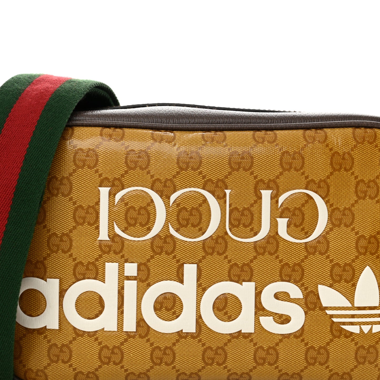 X ADIDAS Crystal Vintage Monogram Textured Dollar Calfskin Web Trefoil Logo Small Messenger Bag Mid Natural Nut Off White New Acero