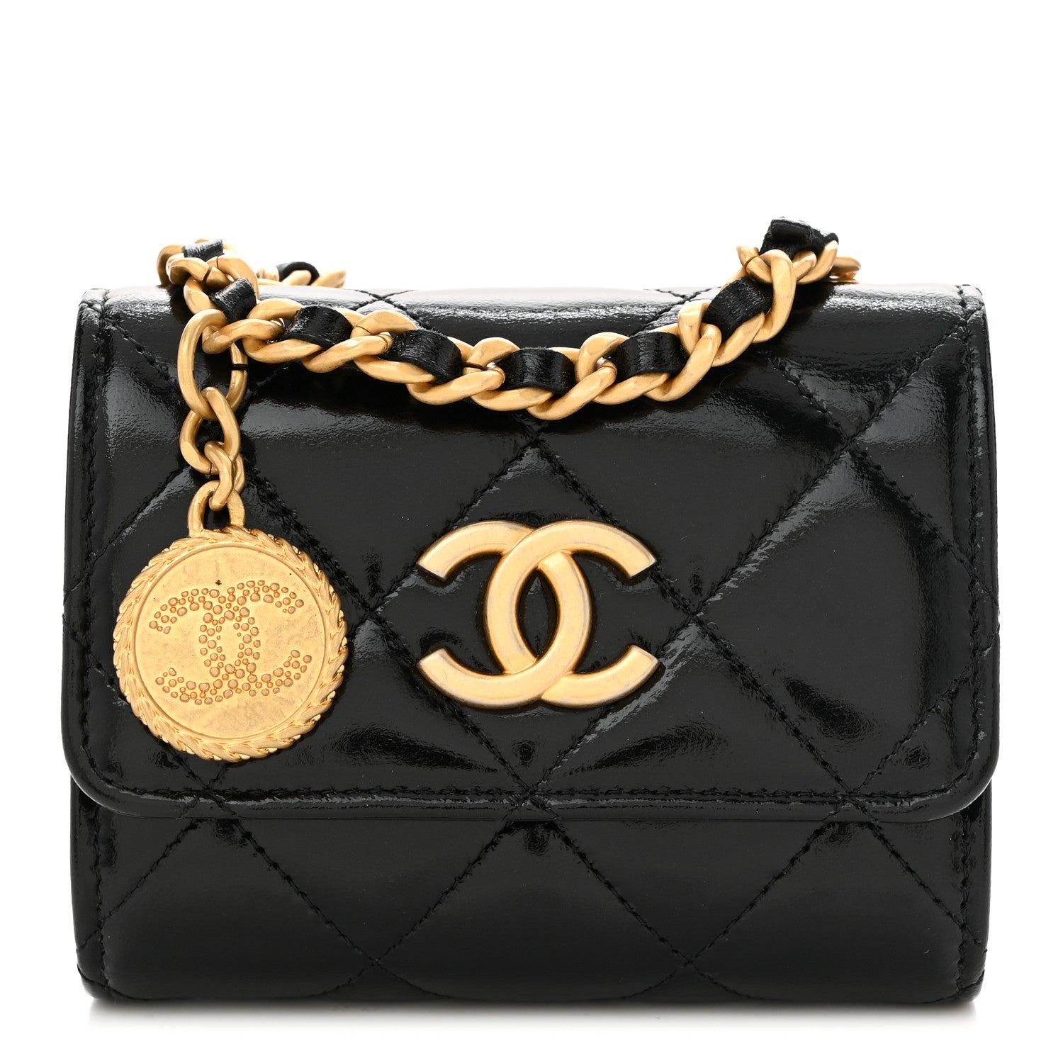Chanel Shiny Lambskin Quilted Medallion Card Holder On Chain Black 1 of 10