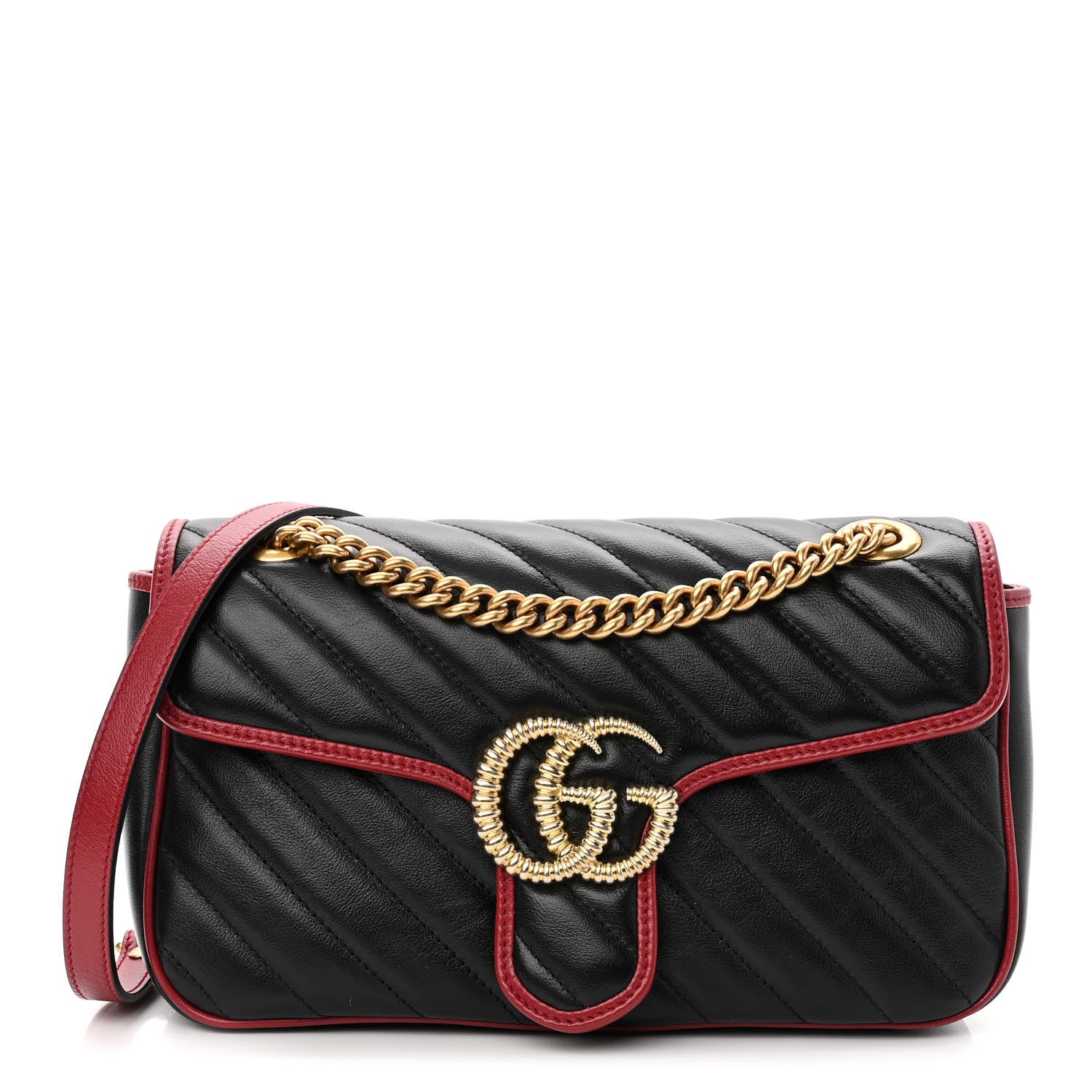 Gucci Vintage Effect Calfskin Matelasse Diagonal Small Torchon GG Marmont Shoulder Bag Black Romantic Cherry 1 of 11