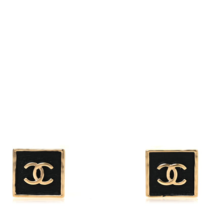 Chanel Metal Enamel CC Square Earrings Gold Black 1 of 5