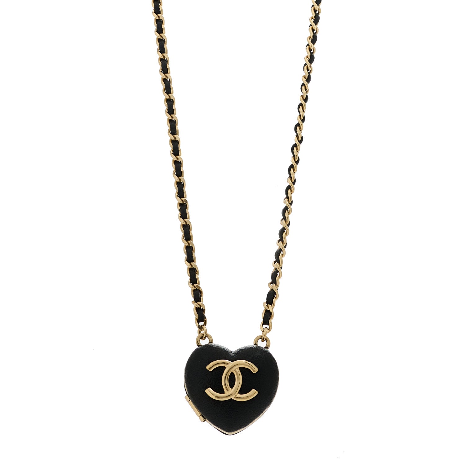 Chanel Lambskin CC Heart Mirror Locket Necklace Gold Black 1 of 5