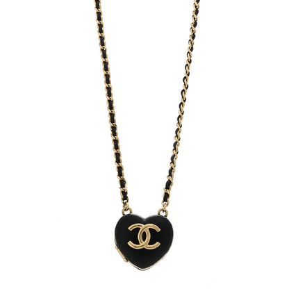 Chanel Lambskin CC Heart Mirror Locket Necklace Gold Black 1 of 5