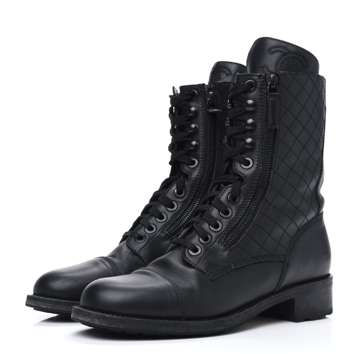 Chanel Calfskin Quilted Lace Up Combat Boots 40 Black 3 of 11