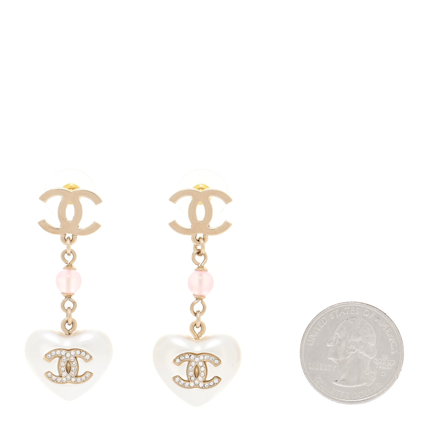 Chanel Metal Pearl Crystal Bead CC Heart Drop Earrings Pink Gold 2 of 5