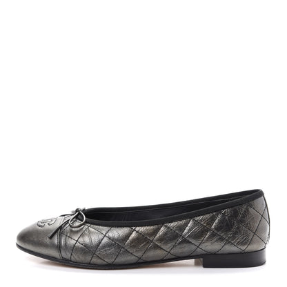 Chanel Metallic Aged Calfskin Quilted CC Cap Toe Ballerina Flats 37.5 Dark Silver 1 of 11
