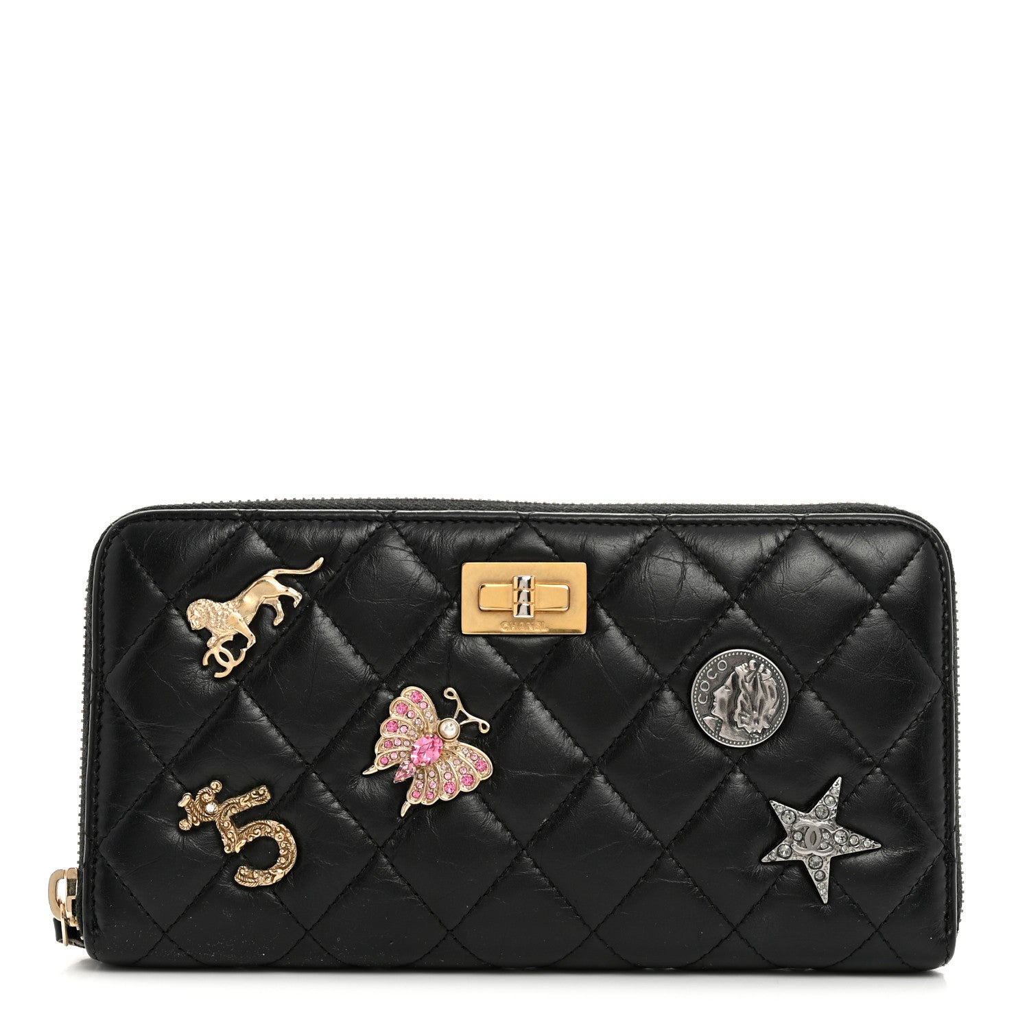Chanel Aged Calfskin Quilted Lucky Charms 2.55 Reissue Zip Around Wallet Black 1 of 8