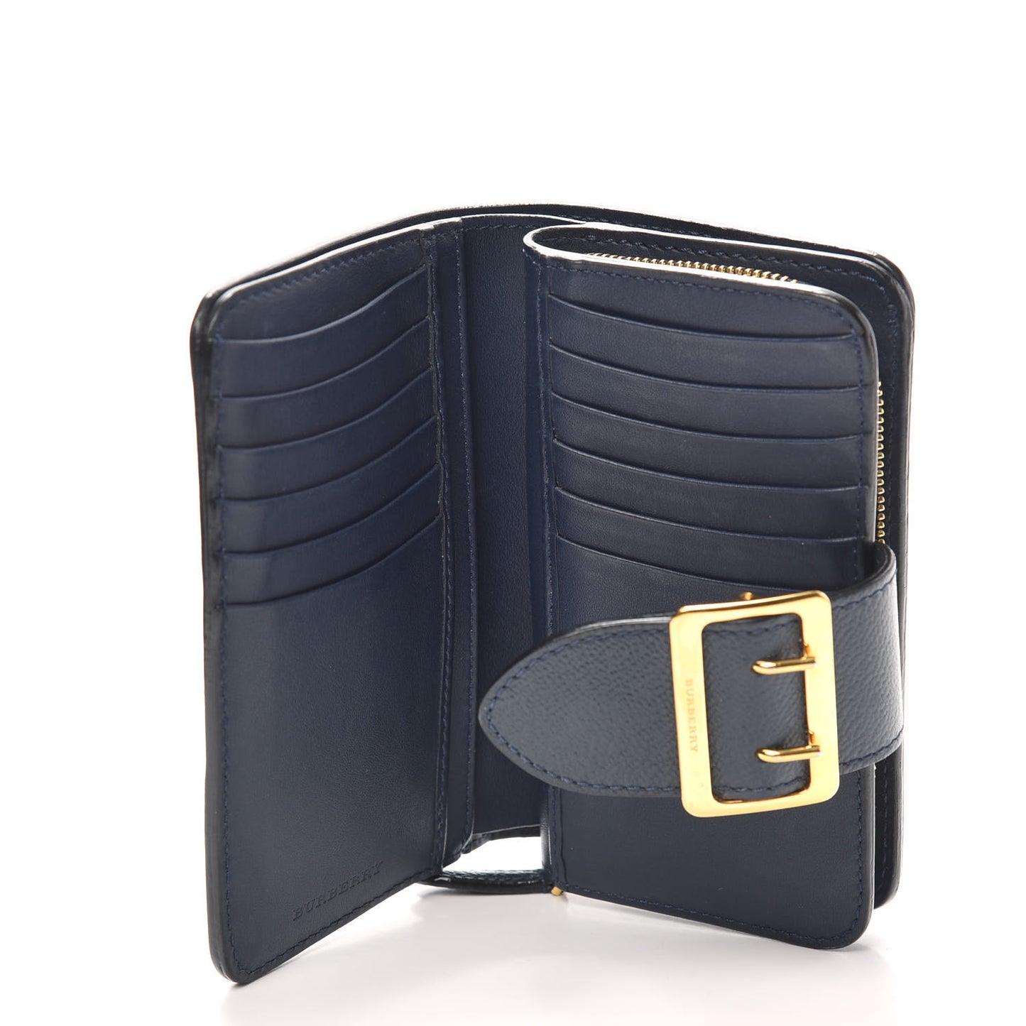 Grainy Calfskin Buckle Detail Zip Wallet Blue Carbon