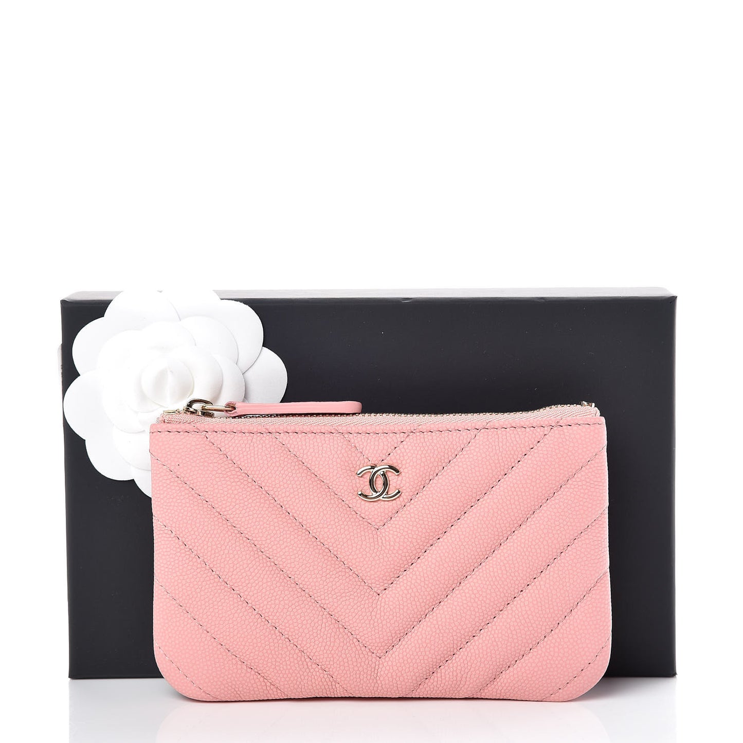 Caviar Chevron Quilted Small Cosmetic Case Pink