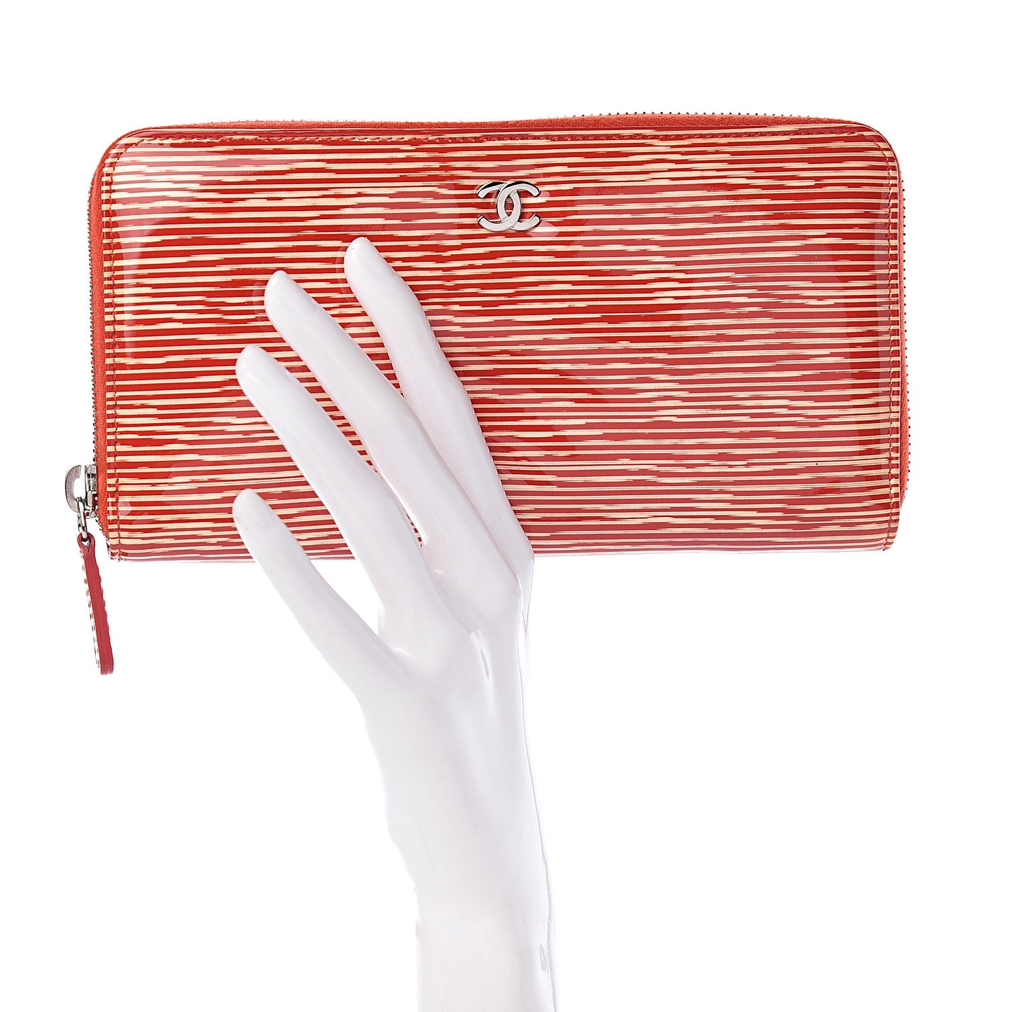 Patent Calfskin Striped Large Gusset Zip Around Wallet Red