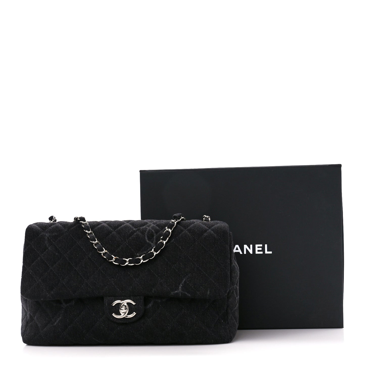 Denim Quilted CC Print Jumbo Single Flap Black