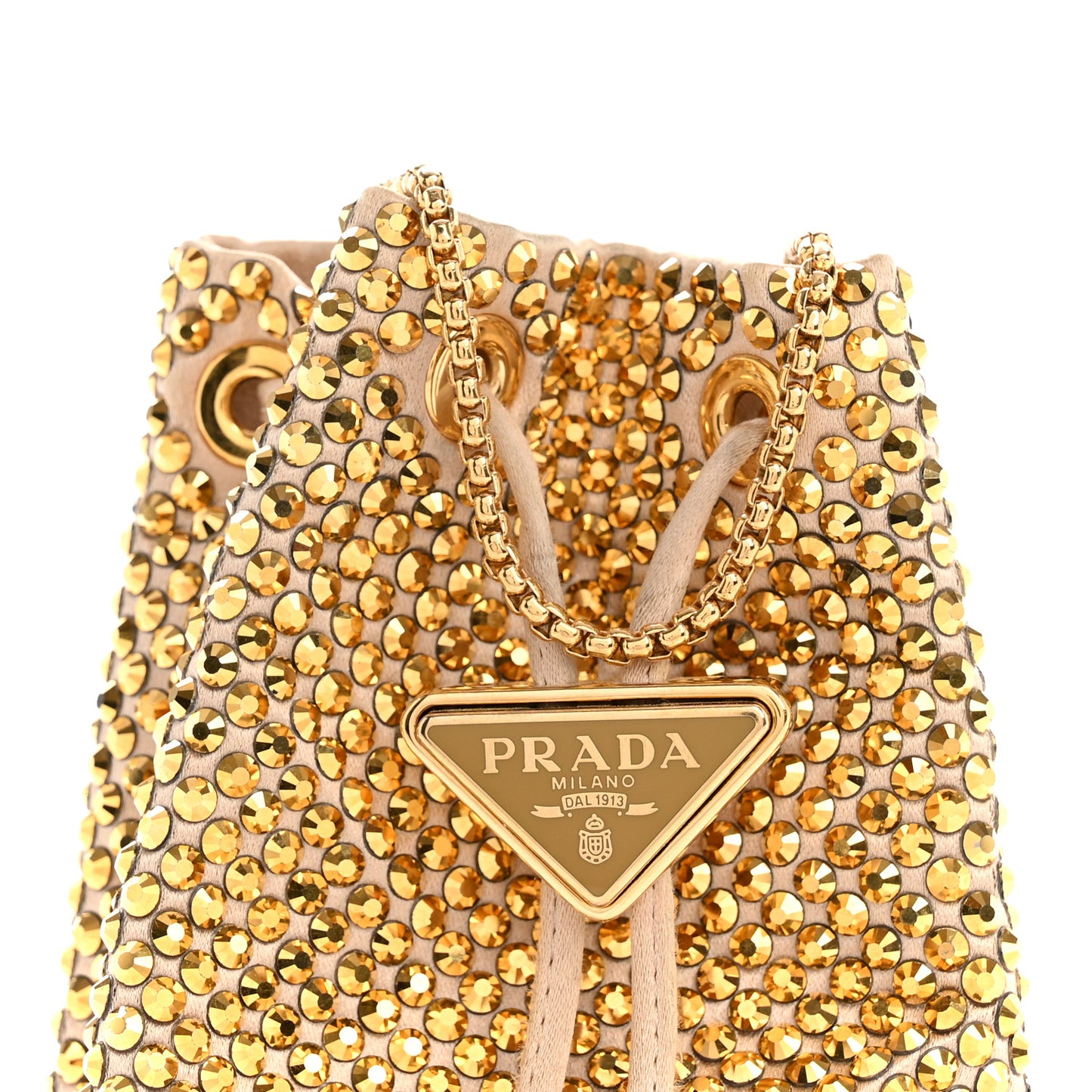 Satin Crystal Metal Triangle Logo Mini Drawcord Pouch Shoulder Bag Platino
